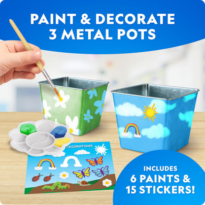 Blue Marble National Geographic kids gardening kit with stainless steel pots, paint, stickers, and plant growing tools for children.