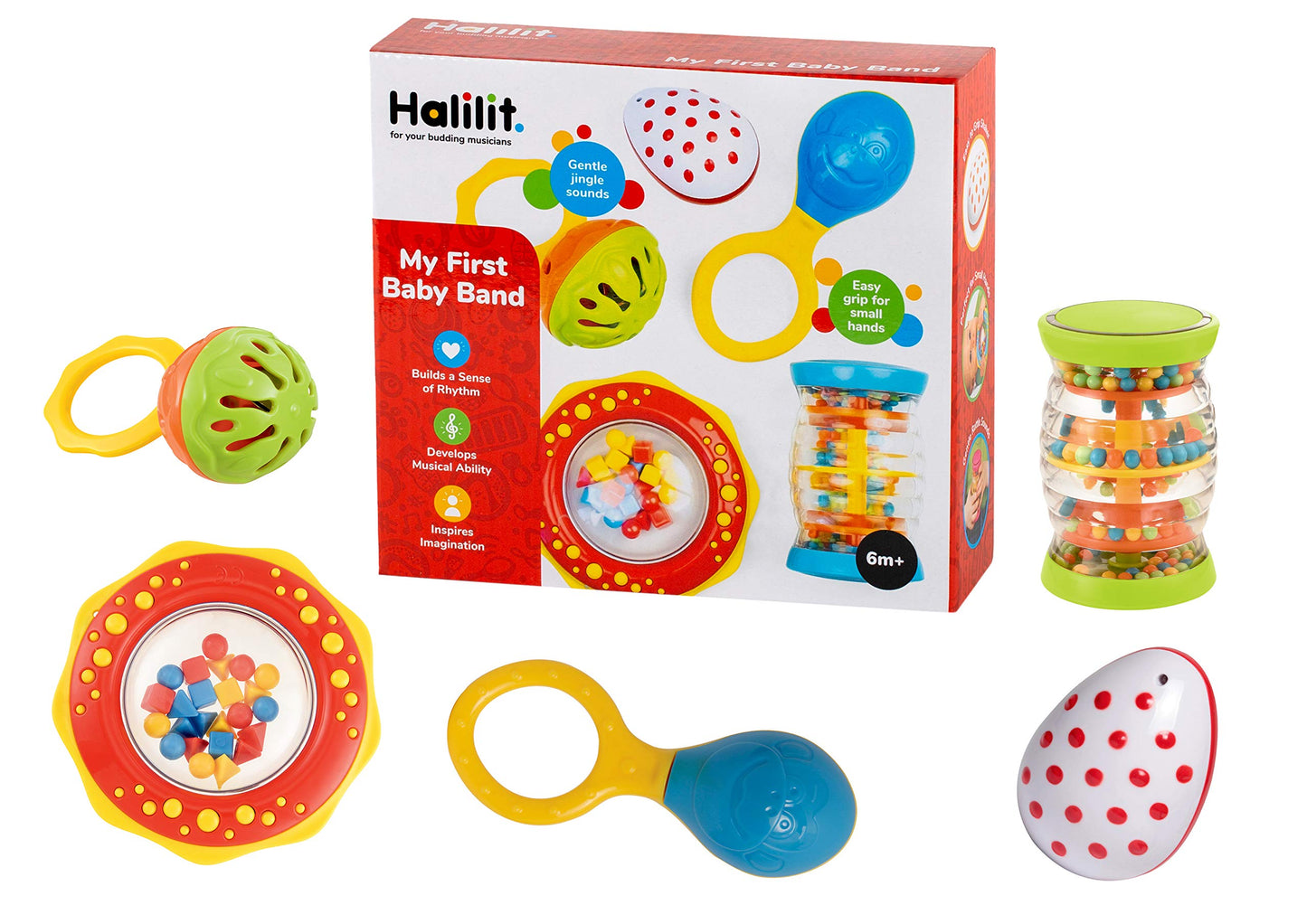 Halilit My First Baby Band Gift Set. Musical Instrument for Babies. Baby & Toddler Sensory Music Toys includes Egg Shaker, Cage Bell, Baby Maraca, Tube Shaker & Fun Rattle. For Boys & Girls 6 Months +