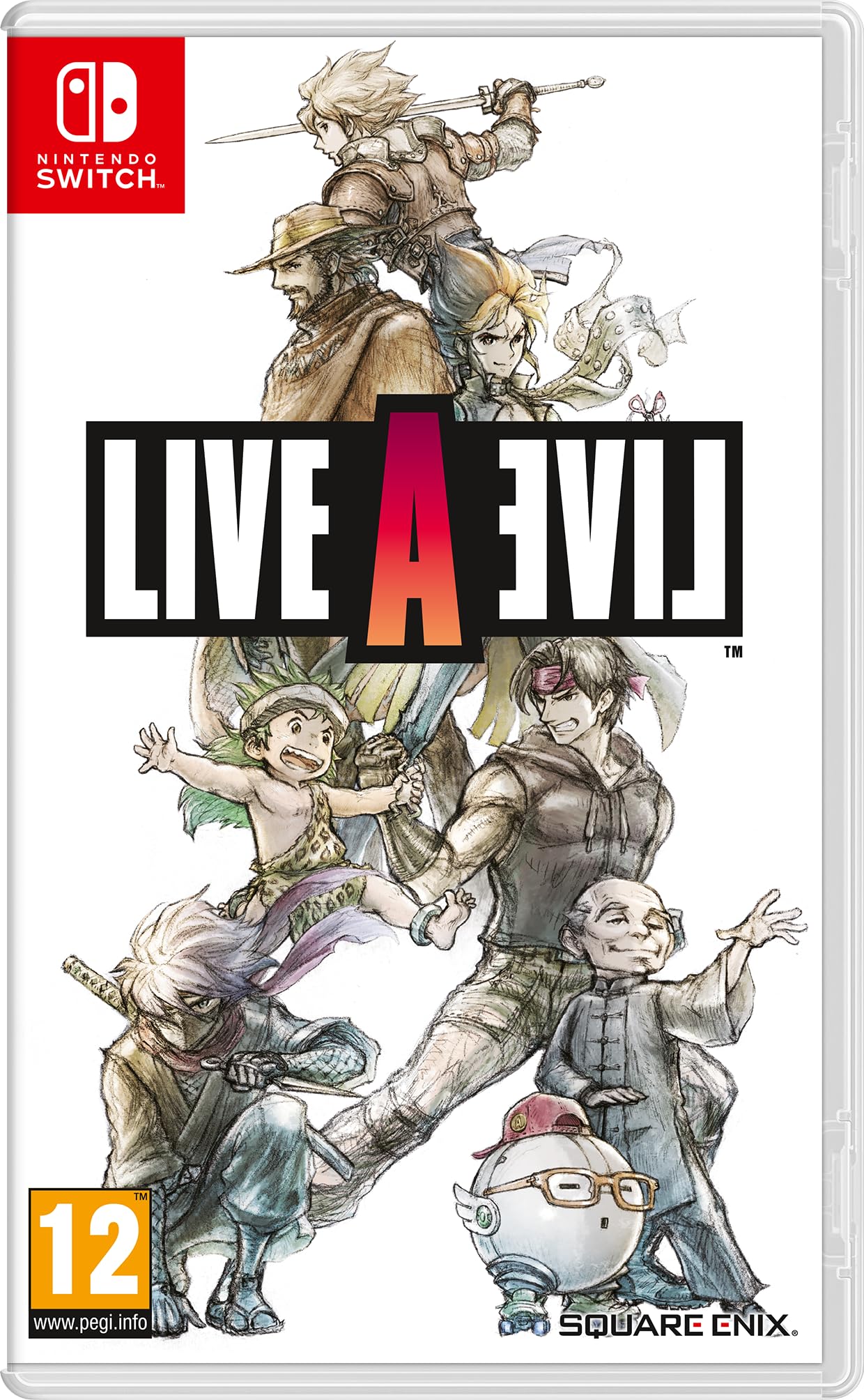 Nintendo Live A Live Nintendo Switch game cartridge with colorful cover art showing various characters and scenes from the game.