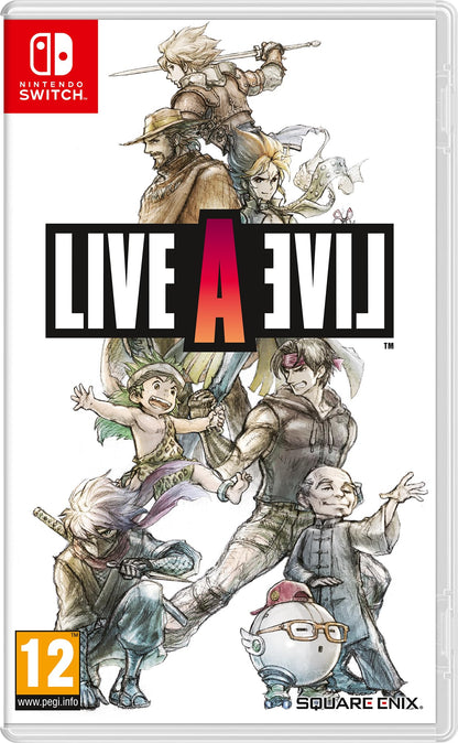 Nintendo Live A Live Nintendo Switch game cartridge with colorful cover art showing various characters and scenes from the game.