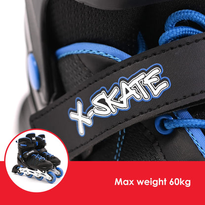 M.Y X-Skate Adjustable Blue Inline Roller Skates with Built In Adjusters Kids Roller Boots for Boys & Girls - Medium