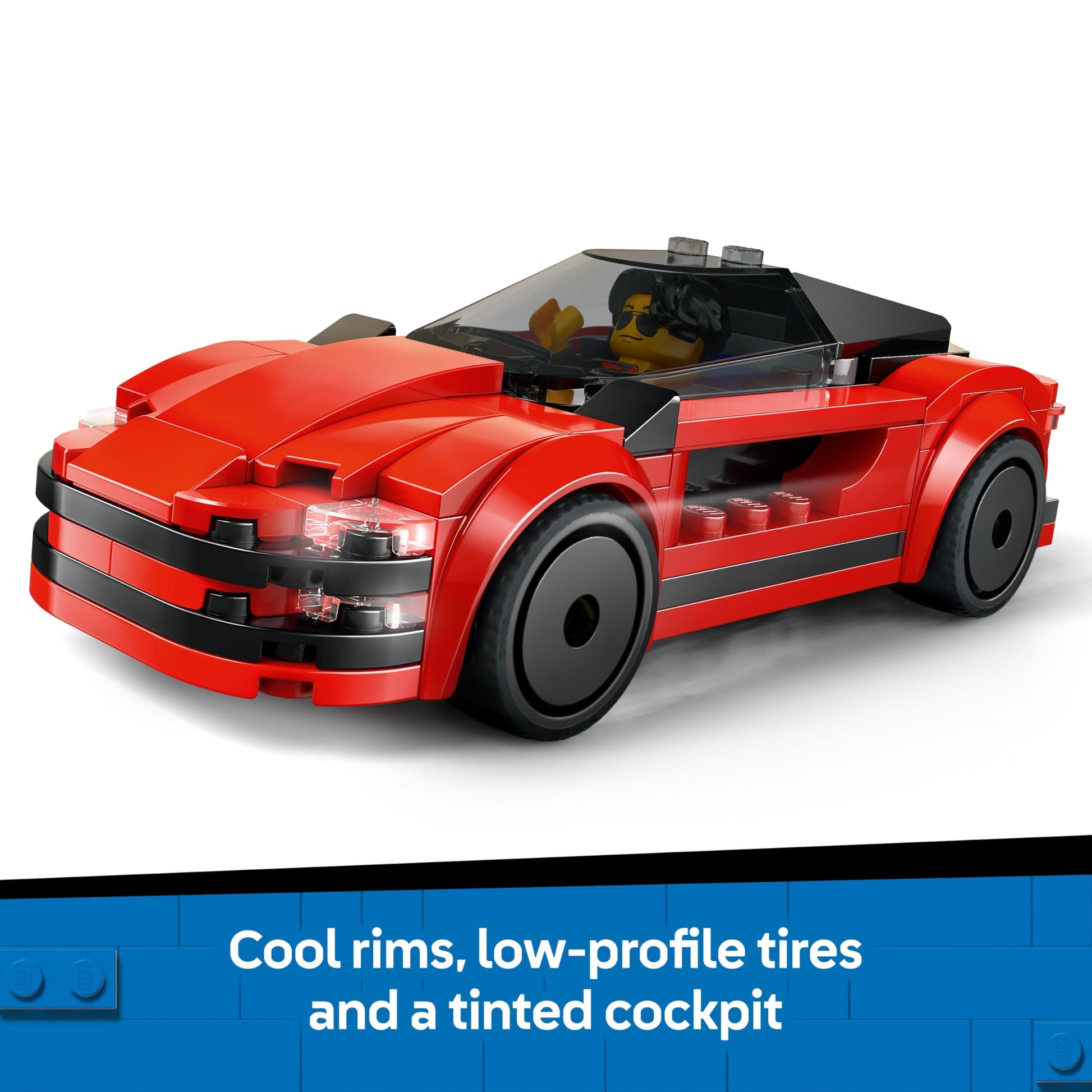 LEGO City red sports car toy with driver minifigure and accessories, ideal for kids 5+ years old.