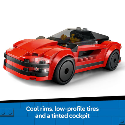 LEGO City red sports car toy with driver minifigure and accessories, ideal for kids 5+ years old.