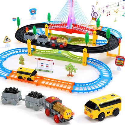 EagleStone electric train set for kids featuring a train, bus, double-layer tracks, lights-up bridge, signs, and accessories.