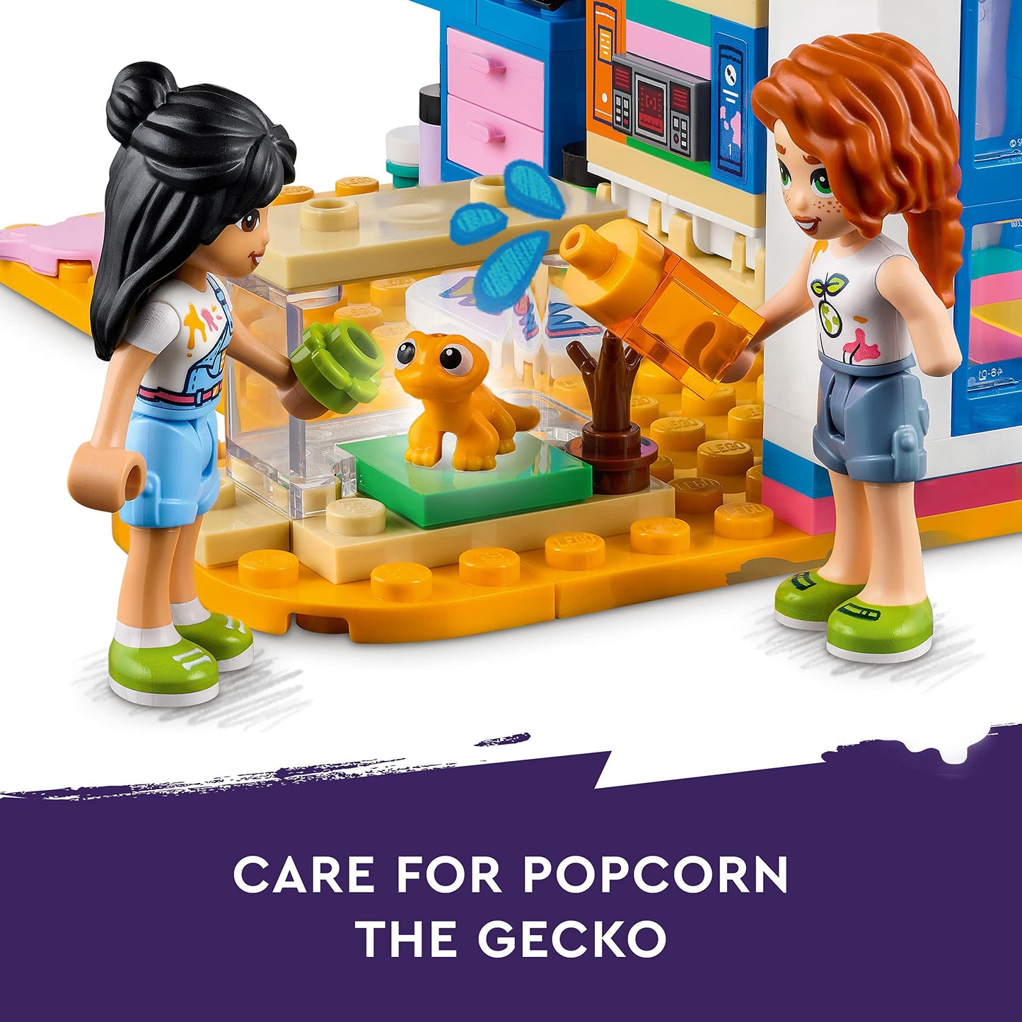 LEGO Friends Liann's Room playset featuring art-themed bedroom, mini-dolls Liann and Autumn, and a pet gecko.