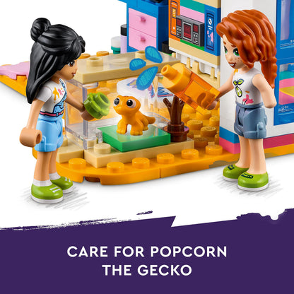 LEGO Friends Liann's Room playset featuring art-themed bedroom, mini-dolls Liann and Autumn, and a pet gecko.