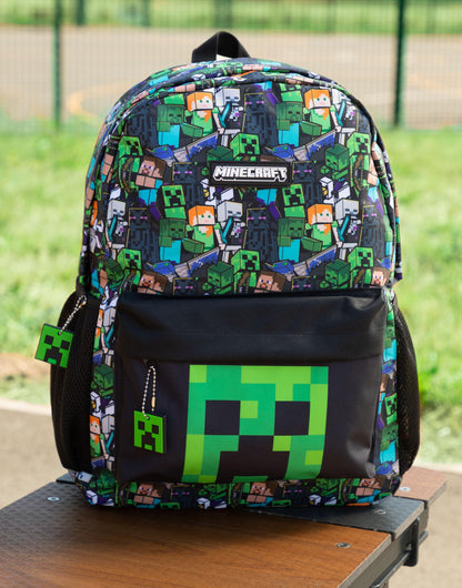 Minecraft Steve & Creeper Multicolour Backpack | Graphic Print Zip-Up Bag for Back to School | Kids Carrying Books | Unisex Kids Merch