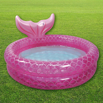CKB LTD kids inflatable mermaid paddling pool, vibrant pink with mermaid tail design, 140cm diameter, suitable for toddlers.