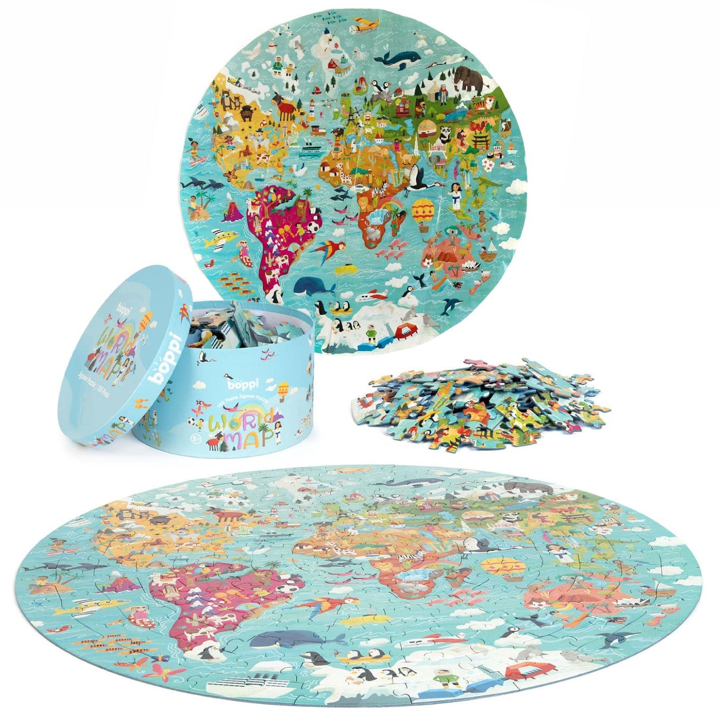 Boppi puzzles for 5+ year olds / 150 Piece Round Circle Jigsaw Puzzles for Kids Aged 5-8 Made with 100% Recycled Card – World Map