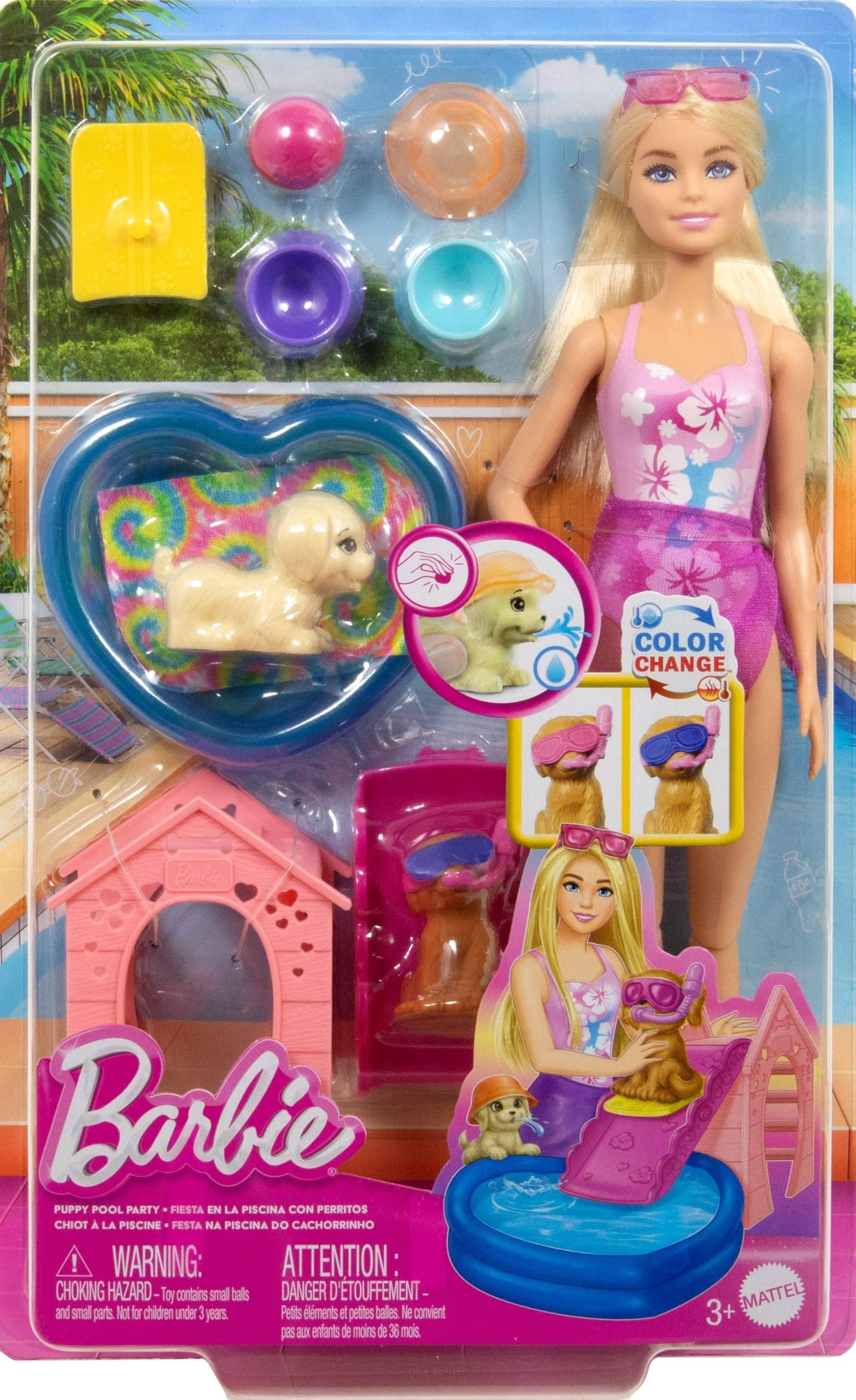 Barbie Puppy Pool Party toy playset featuring a fashion doll, doghouse, slide, heart-shaped pool, pet dogs, accessories, and color change features.
