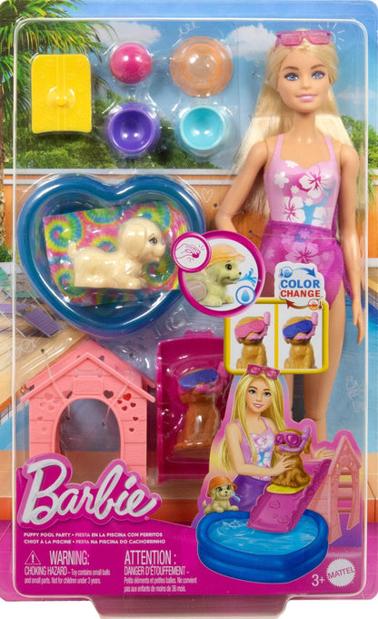 Barbie Puppy Pool Party toy playset featuring a fashion doll, doghouse, slide, heart-shaped pool, pet dogs, accessories, and color change features.