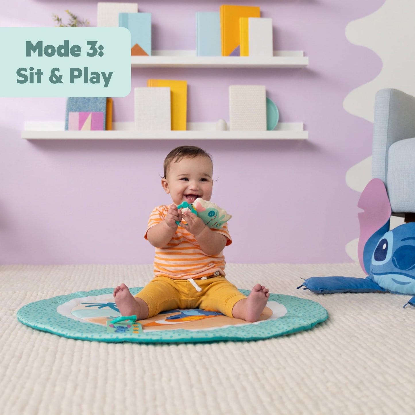 Bright Starts, Disney Baby Stitch Activity Gym, with Tummy Time Pillow, Baby Play Mat with Toy Bar, 5 Take Along Toys, for Newborns and Up
