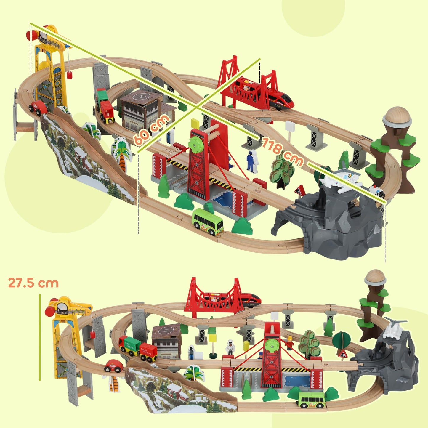 AIYAPLAY wooden train set with tracks, crane, bridge, and helicopter for kids 3+; magnetic railway toy for STEM learning.