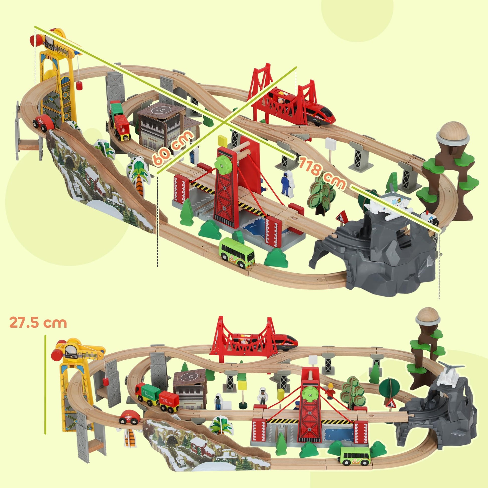 AIYAPLAY wooden train set with tracks, crane, bridge, and helicopter for kids 3+; magnetic railway toy for STEM learning.