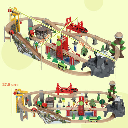 AIYAPLAY wooden train set with tracks, crane, bridge, and helicopter for kids 3+; magnetic railway toy for STEM learning.