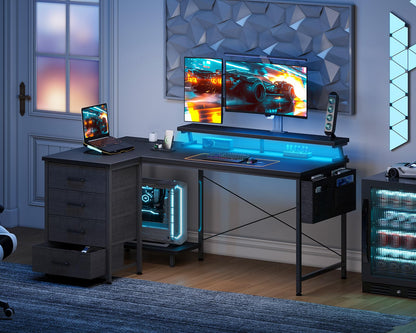 ODK L Shaped Gaming Desk with LED Lights & Power Outlets, 140x80cm Corner Computer Desk with Drawers, Reversible Gaming Table with Monitor Shelf & PC Stand, Black