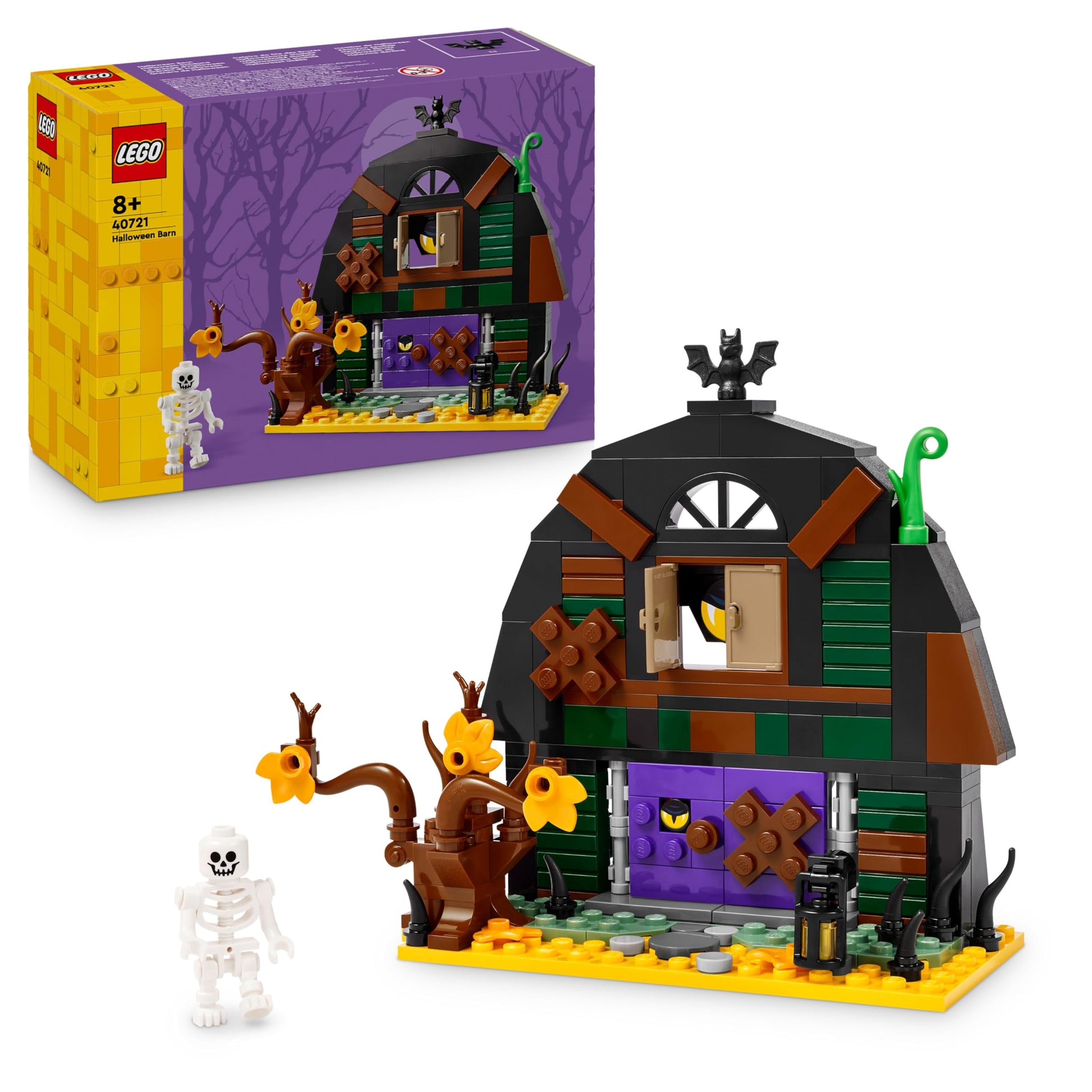 LEGO Halloween Barn set with skeleton minifigure, spooky bat, and lamps, perfect for creative play for kids 8 and up.