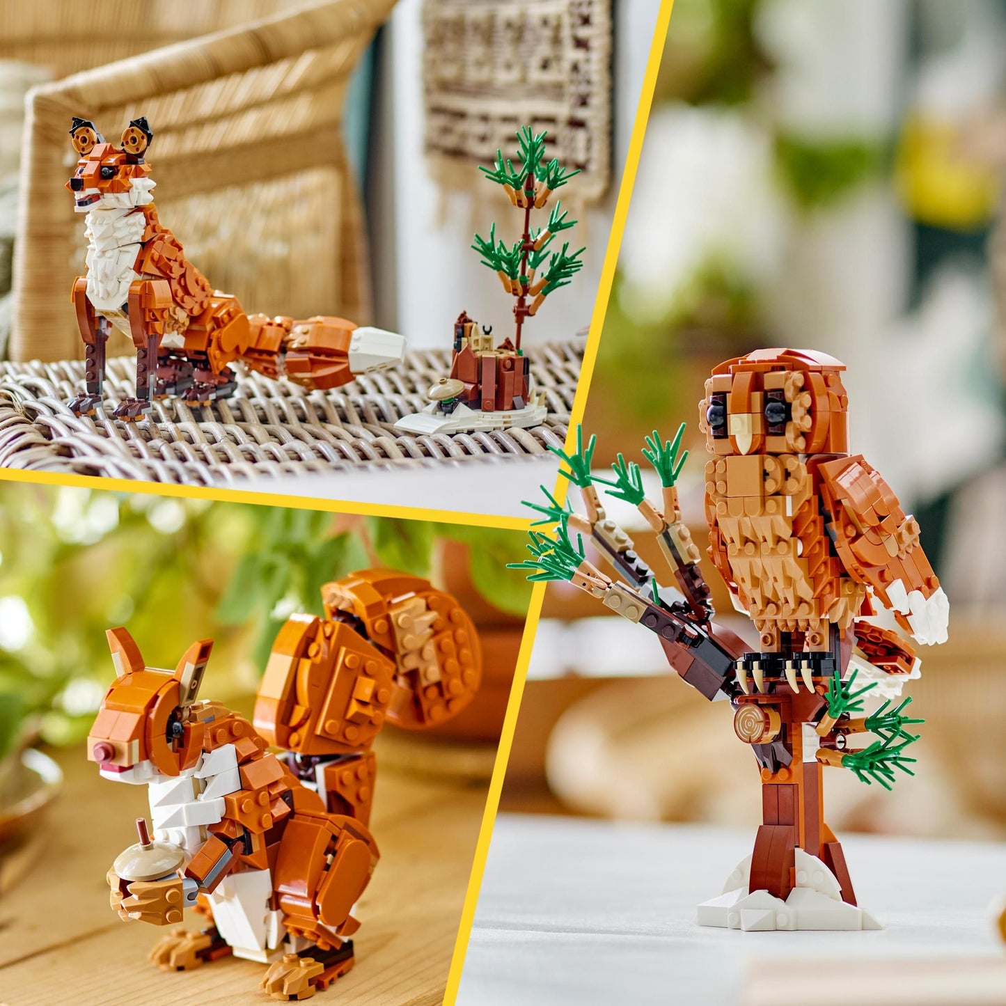 LEGO Creator 3in1 Forest Animals set featuring a red fox, owl, and squirrel models for kids aged 9 and up.