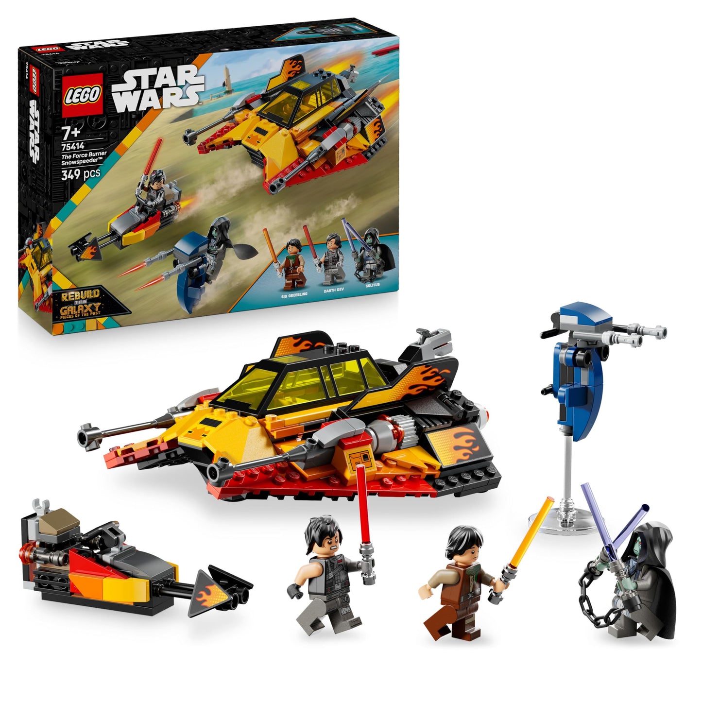 LEGO Star Wars 75414 Snowspeeder building toy with three minifigures and a speeder bike in an action-packed scene.