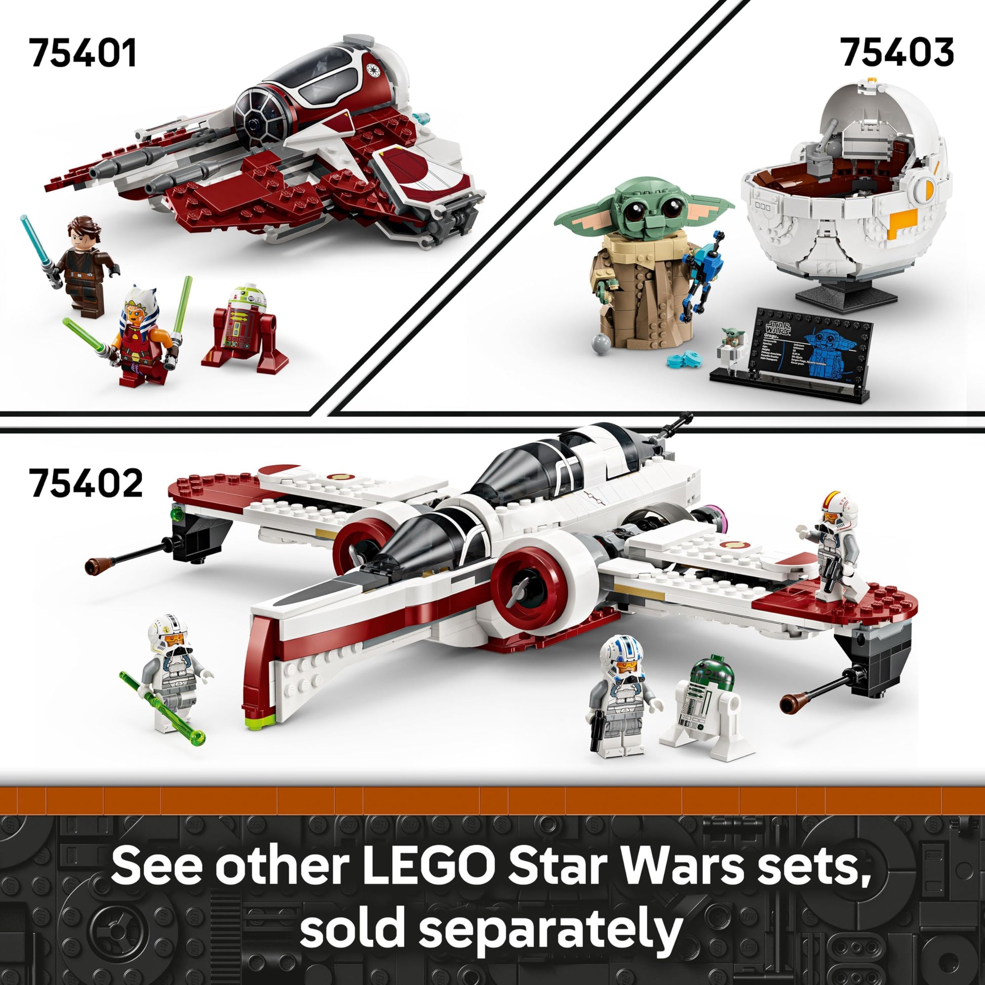 LEGO Star Wars 75410 Mando and Grogu’s N-1 Starfighter set with minifigures and a brick-built fueling station.