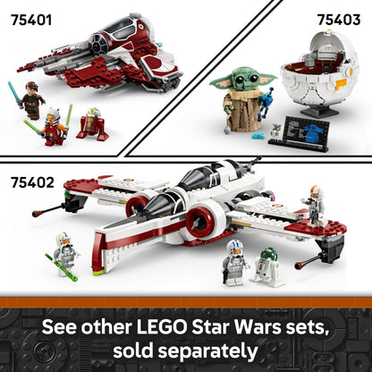 LEGO Star Wars 75410 Mando and Grogu’s N-1 Starfighter set with minifigures and a brick-built fueling station.