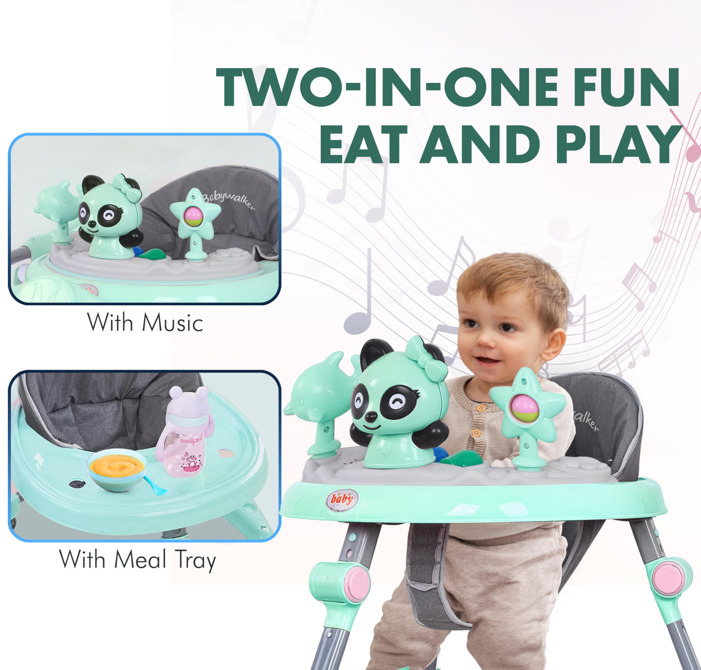 FK Sports baby walker in green with activity center, toys, food tray, portable music, adjustable height, and silent wheels for ages 6-18 months.