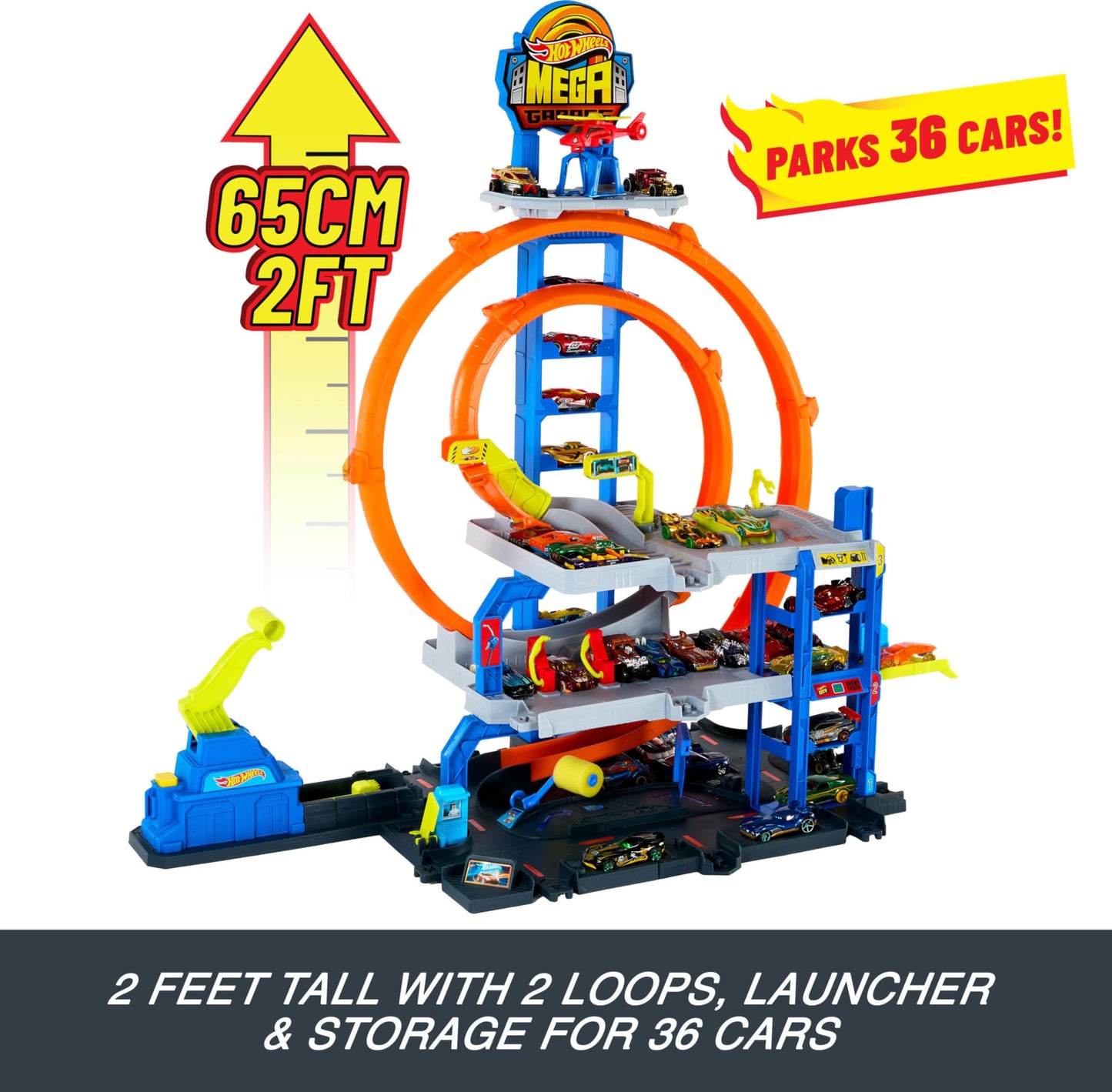 Hot Wheels toy car track set featuring two loops, die-cast car, helicopter, and storage for 37 1:64 scale vehicles.