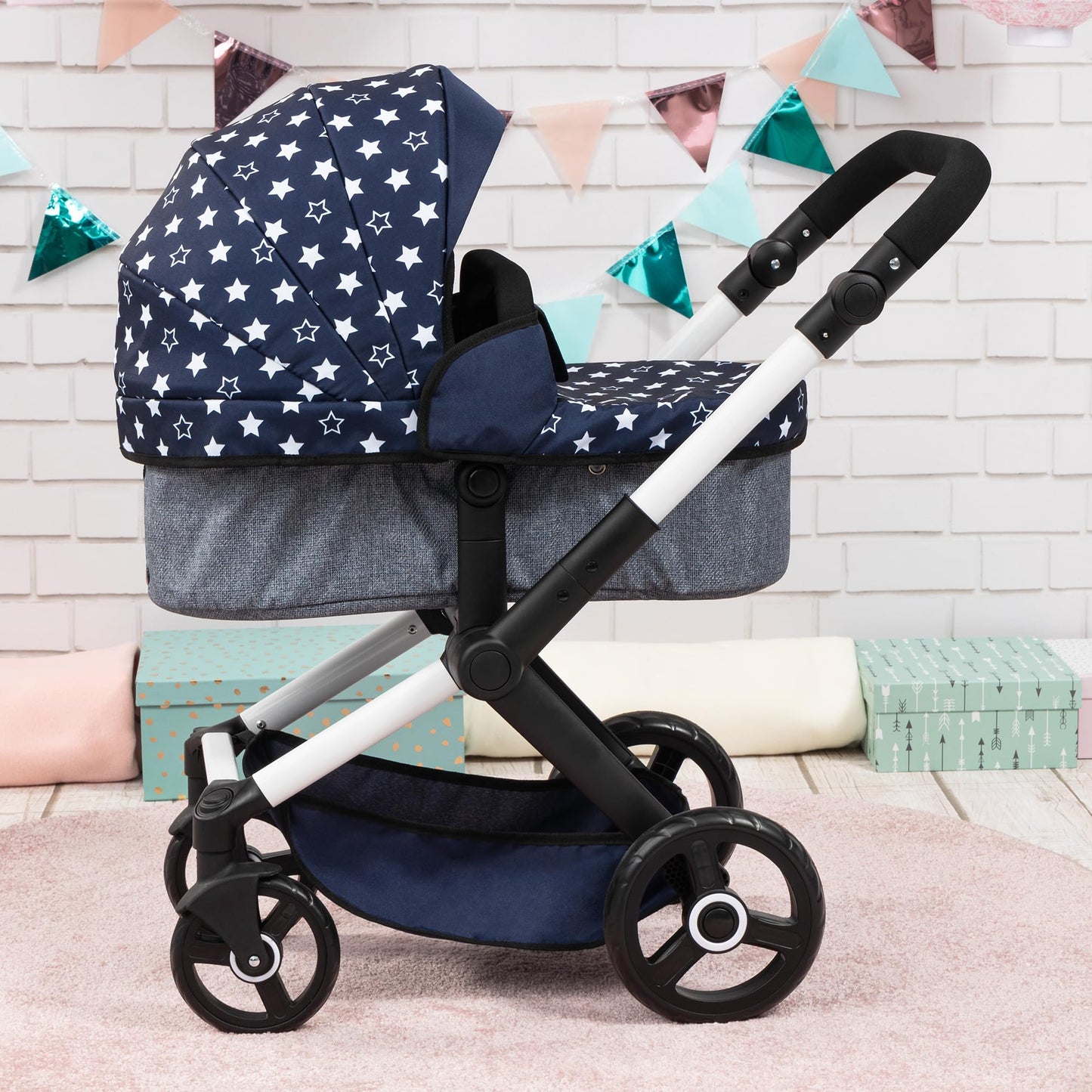 Bayer Baby Dolls Pram XEO navy blue convertible doll pushchair with white star pattern, adjustable handle, suitable for girls aged 3-6.