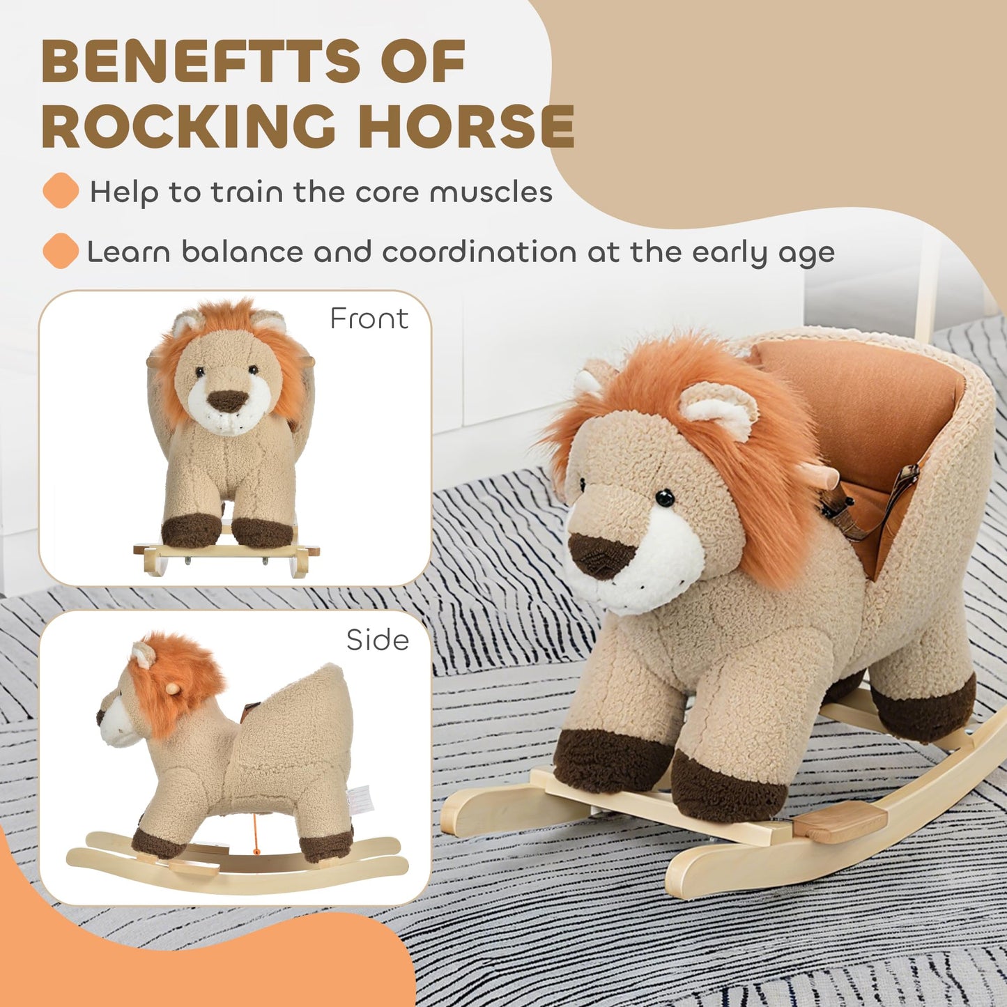 HOMCOM Baby Rocking Horse, Plush Ride on Lion Seat for Toddlers 18-36 Months with Sound, Safety Belt, Wood Base, Animal Rocker for Children, Brown