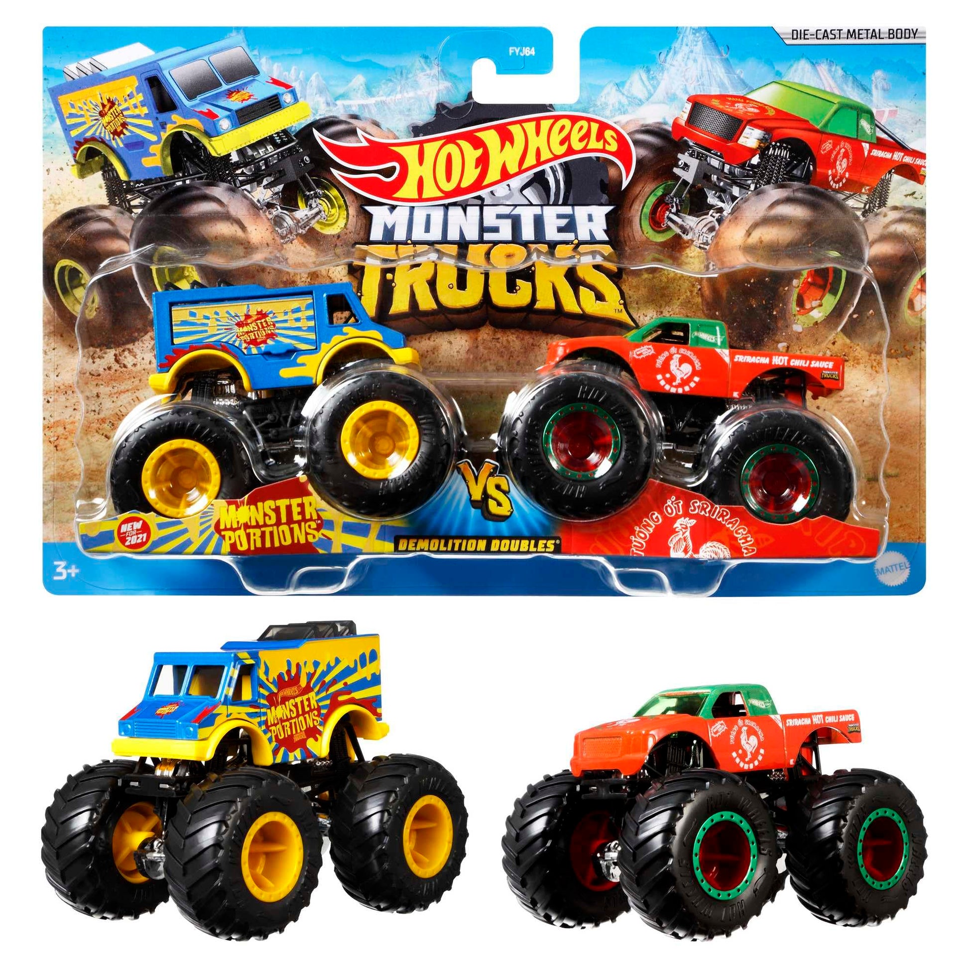 Hot Wheels Monster Trucks 2-Pack featuring Demolition Doubles set of 1:64 scale toy vehicles in assorted styles.