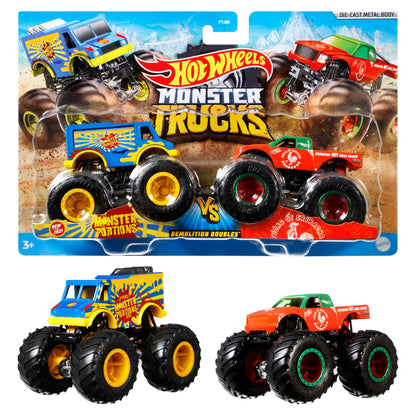 Hot Wheels Monster Trucks 2-Pack featuring Demolition Doubles set of 1:64 scale toy vehicles in assorted styles.