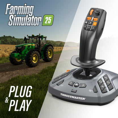 Thrustmaster SimTask FarmStick multifunctional farming joystick with multiple controls for PS5 and PC, shown in use.