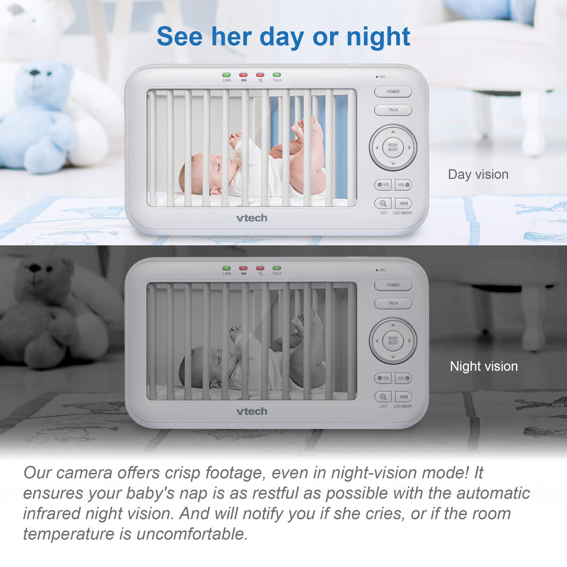 VTech LM808-1W baby monitor with camera, 5" screen, night vision, 2-way audio, and temperature sensor in a sleek design.