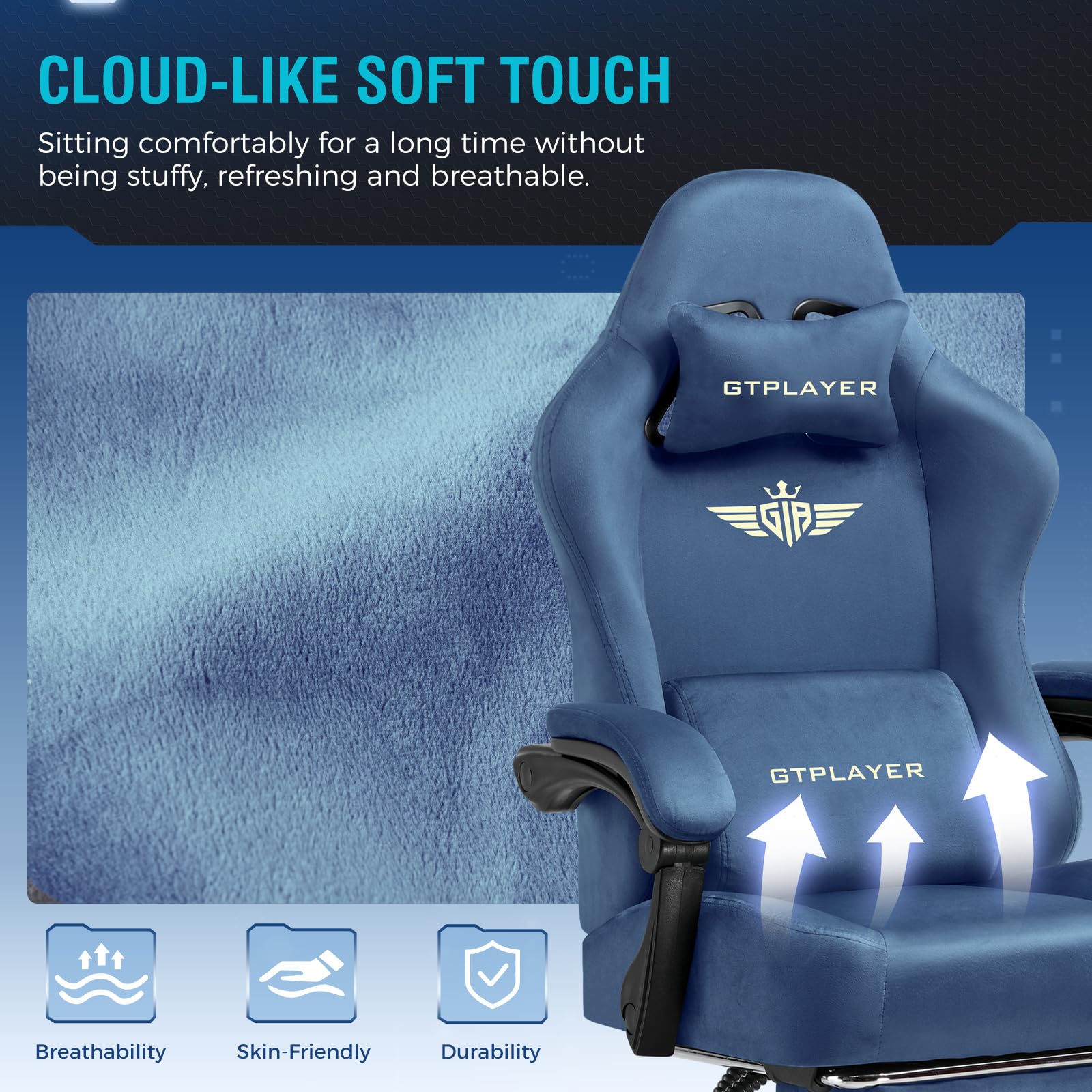 GTPLAYER gaming and office chair with breathable fabric, ergonomic design, adjustable backrest and extendable footrest in blue.