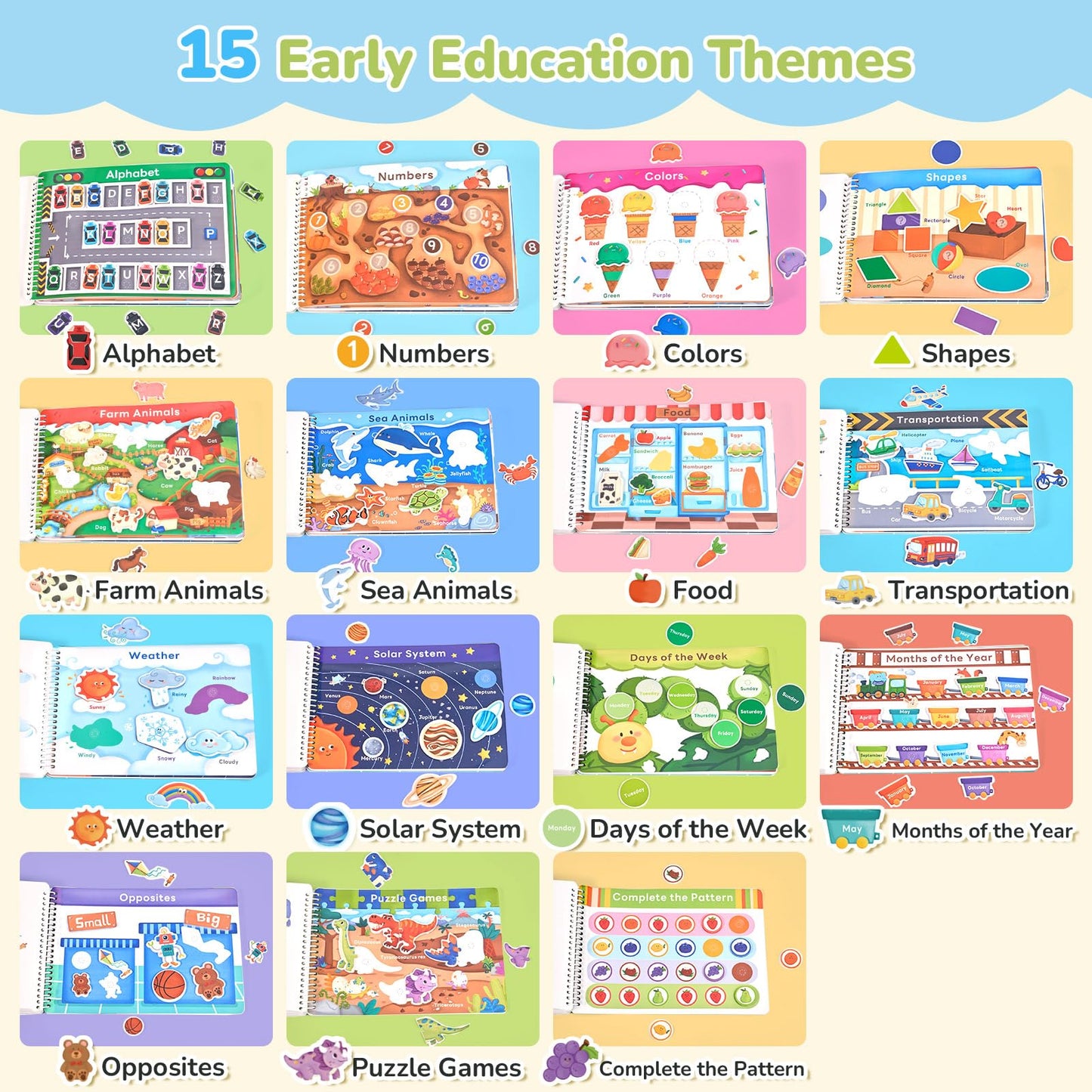 JoyCat Busy Book for Toddlers 3-5, Preschool Learning Activities, 15 Themed Educational Sensory Toys, Montessori Busy Travel Toys for Road Trip Car Plane, Back to School, Birthday Gifts for Boys Girls