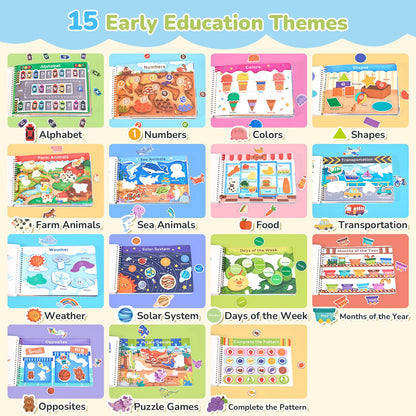 JoyCat Busy Book for Toddlers 3-5, Preschool Learning Activities, 15 Themed Educational Sensory Toys, Montessori Busy Travel Toys for Road Trip Car Plane, Back to School, Birthday Gifts for Boys Girls