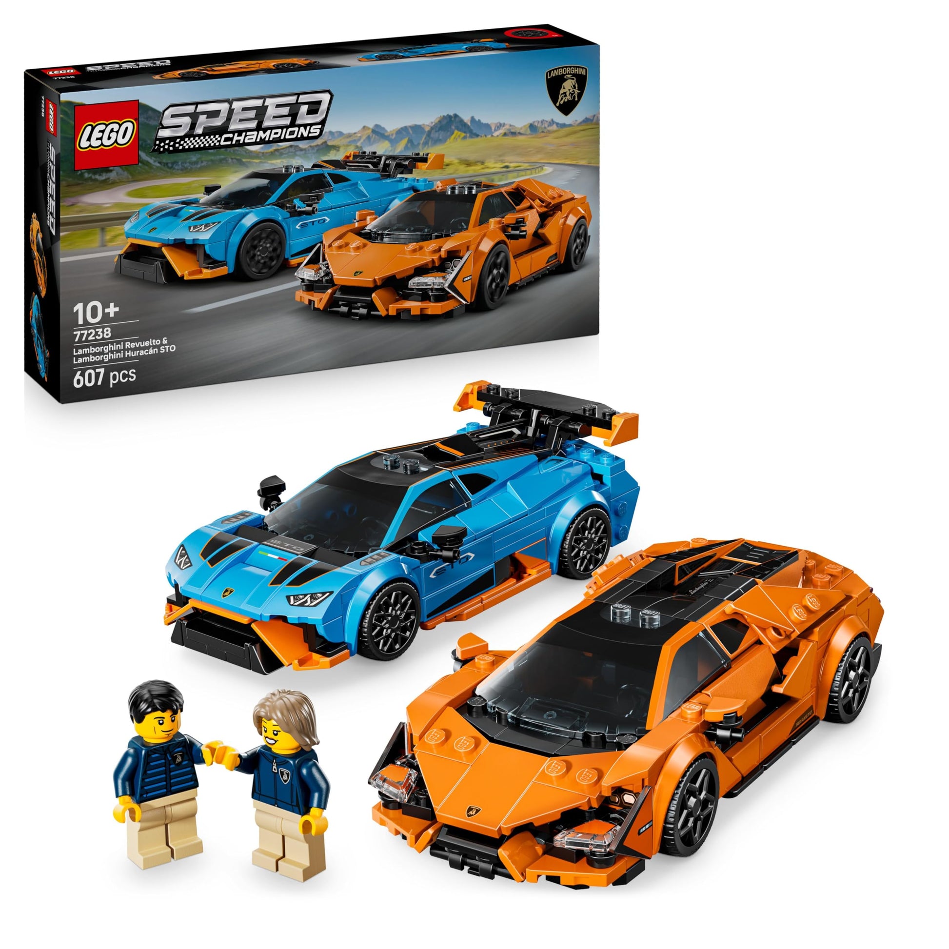 LEGO Speed Champions Lamborghini Revuelto and Huracán STO toy race cars with two driver minifigures on display.