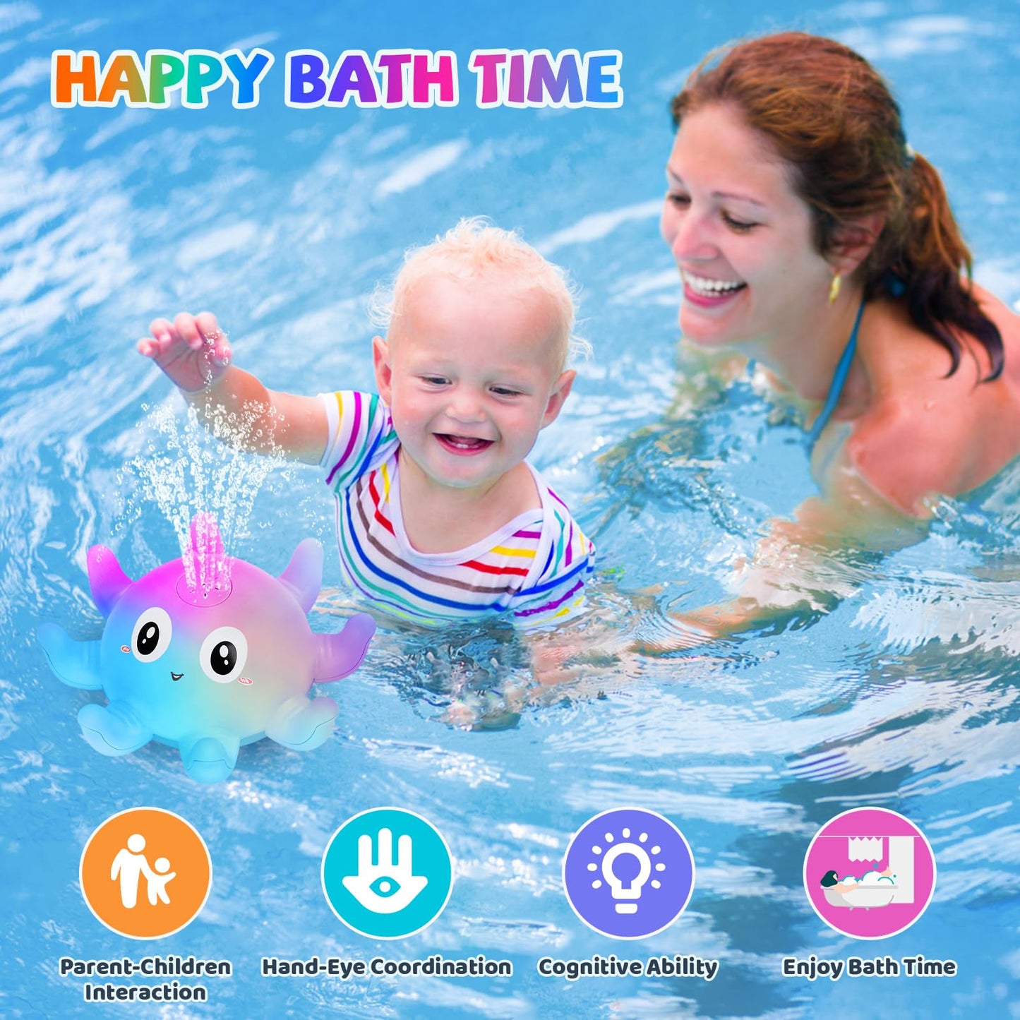 Jovicos Baby Bath Toys, Octopus Sensory Light Up Bath Toys, Automatic Induction Spray Water Toys, Bath Time Shower Gifts for Baby Girls Boys（Blue）