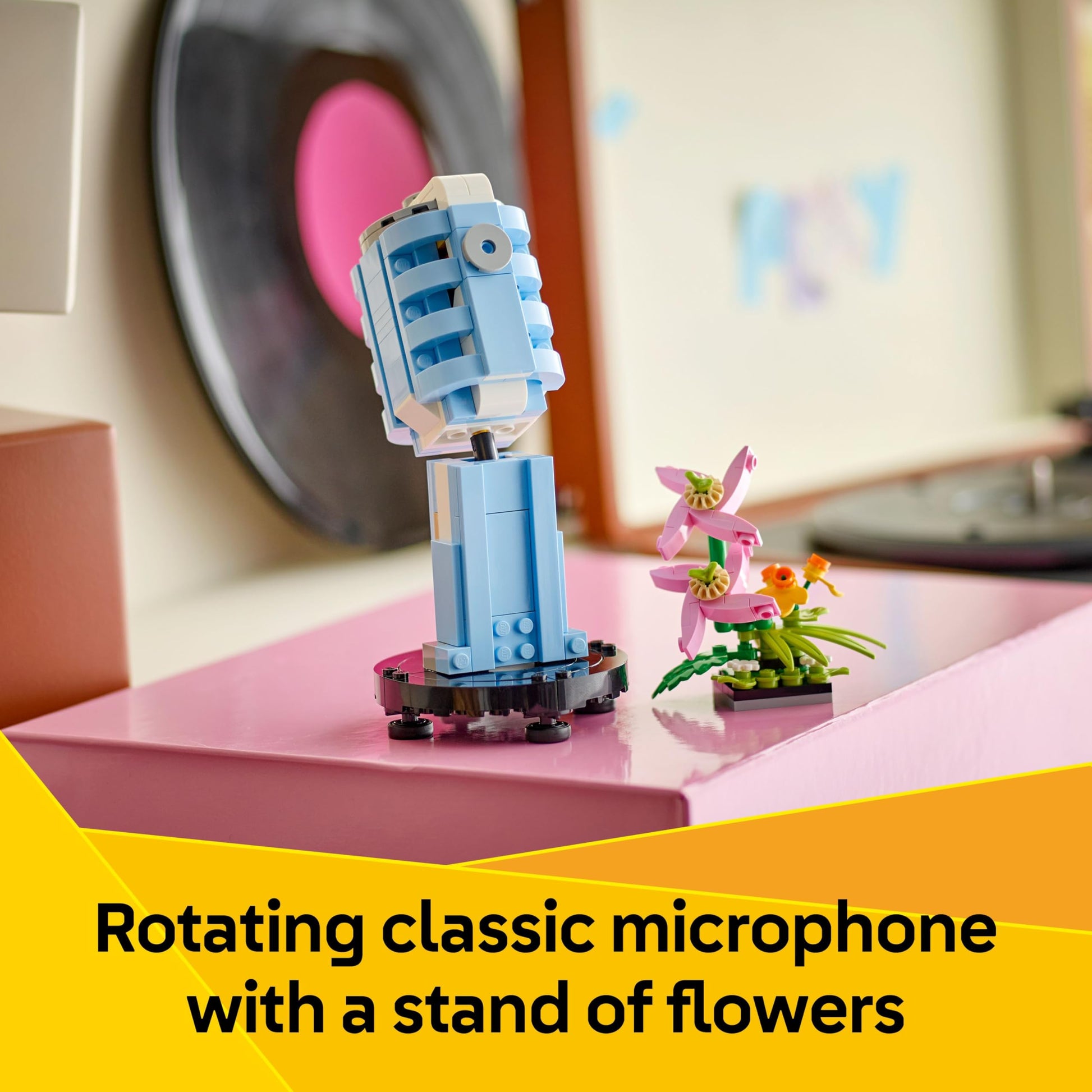 LEGO Creator 3in1 Record Player building toy with flowers, showcasing colorful pieces and creative design for music play.