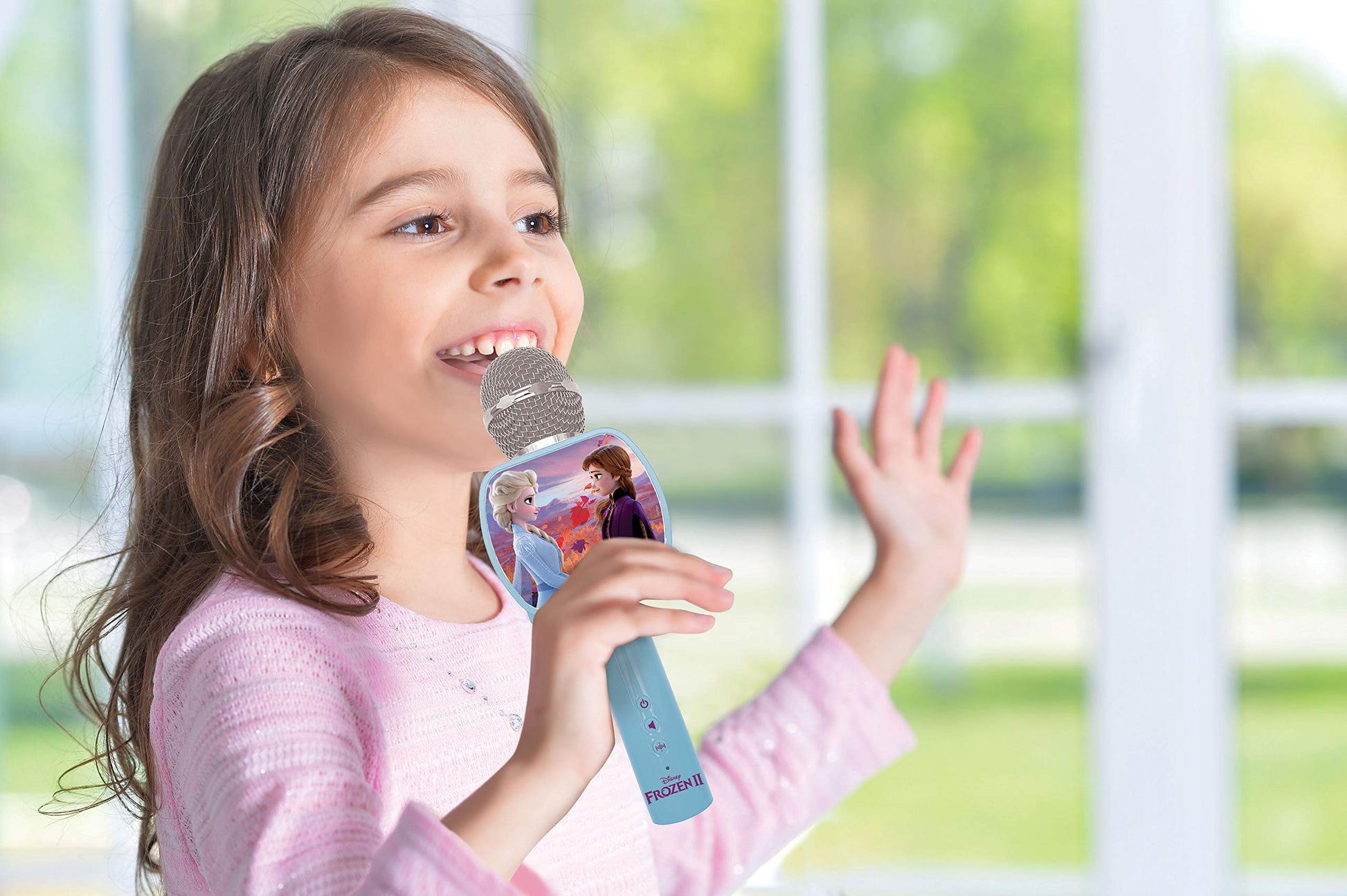 Blue LEXIBOOK Frozen Bluetooth microphone with voice changer, built-in speaker, phone holder, ideal for kids' karaoke and fun activities.