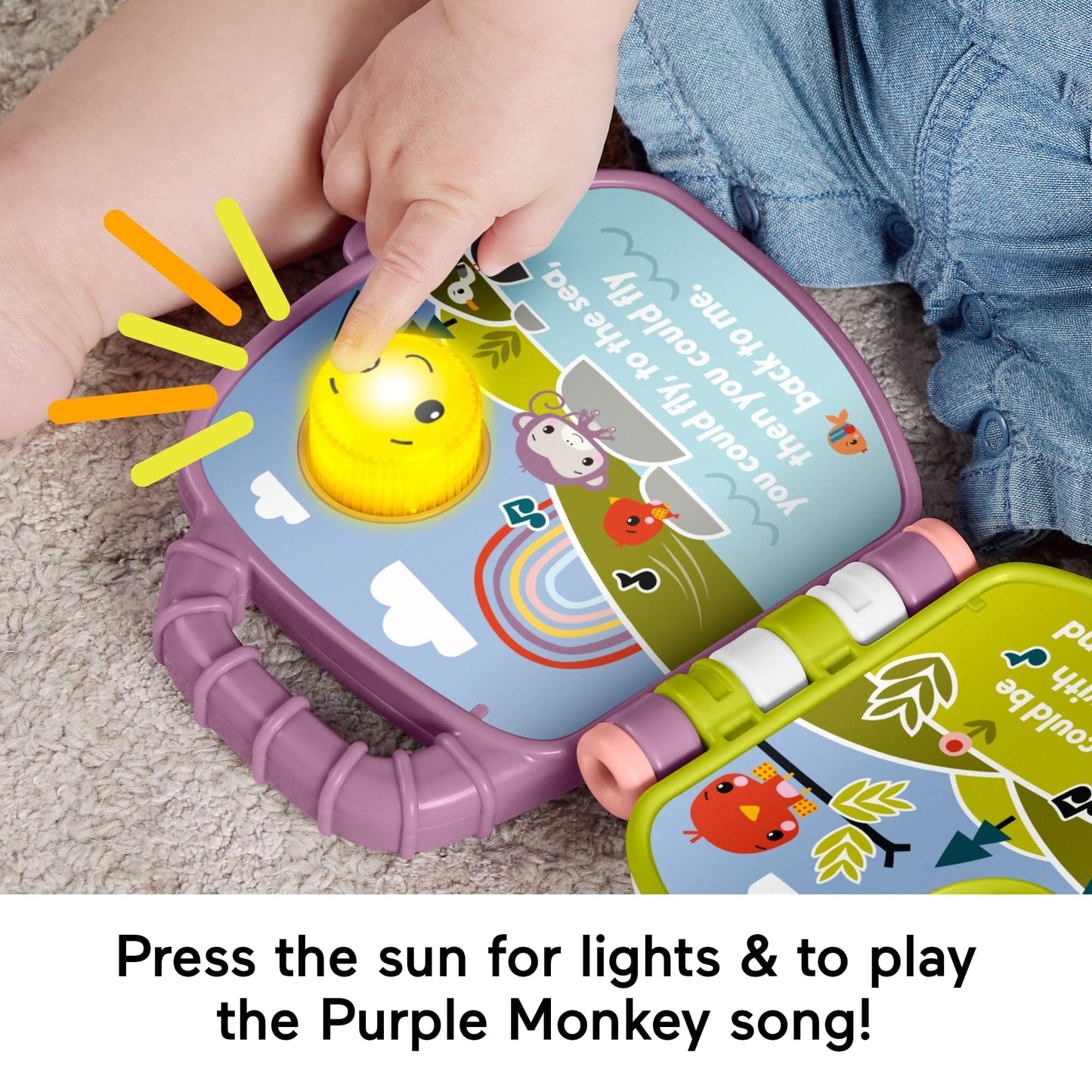 Fisher-Price purple monkey musical storybook for infants and toddlers with lights and sounds, suitable for ages 6 months and up.