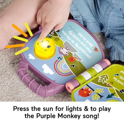 Fisher-Price purple monkey musical storybook for infants and toddlers with lights and sounds, suitable for ages 6 months and up.