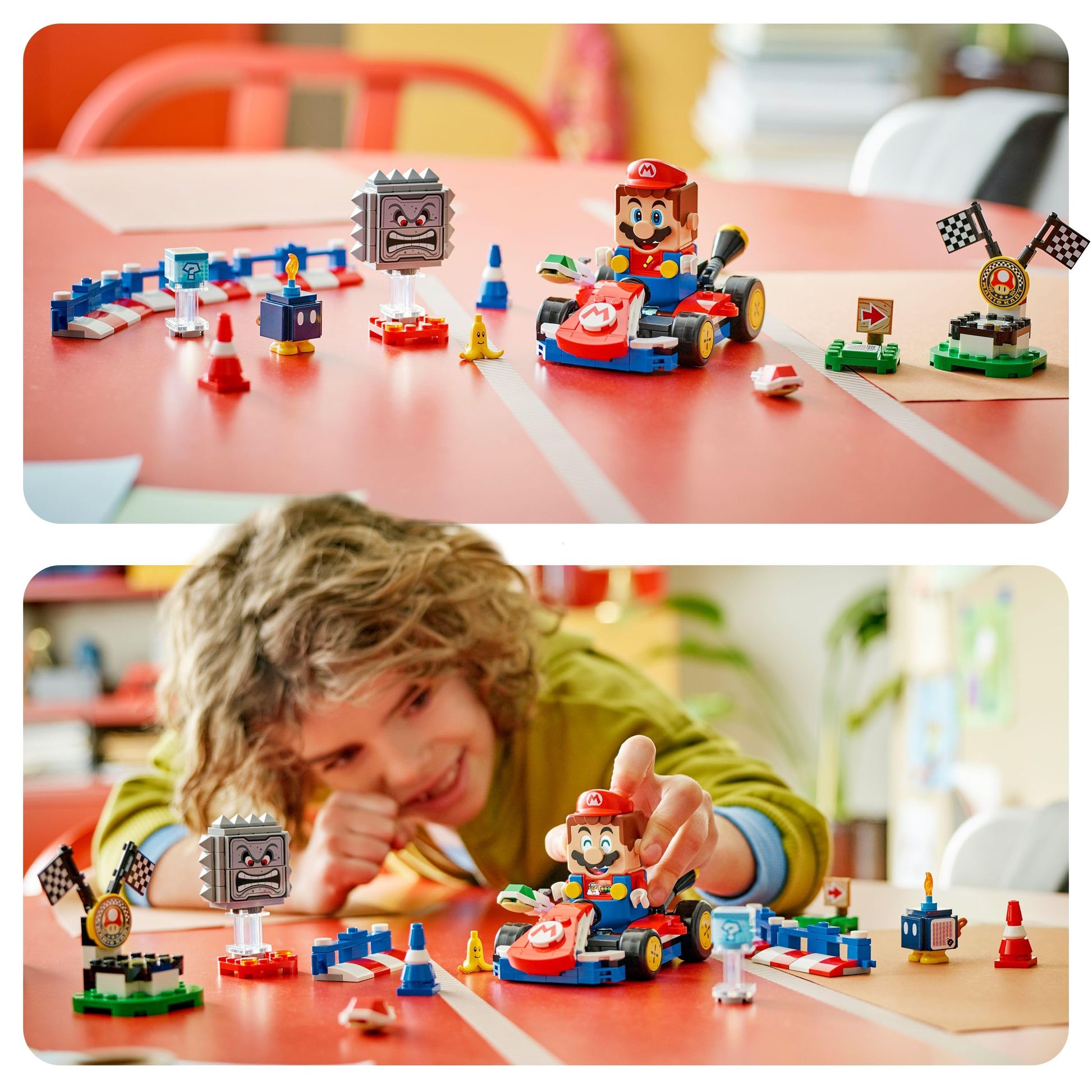 LEGO Mario Kart set with interactive Mario, standard kart, race course, figures, podium, and barriers for kids 7+.
