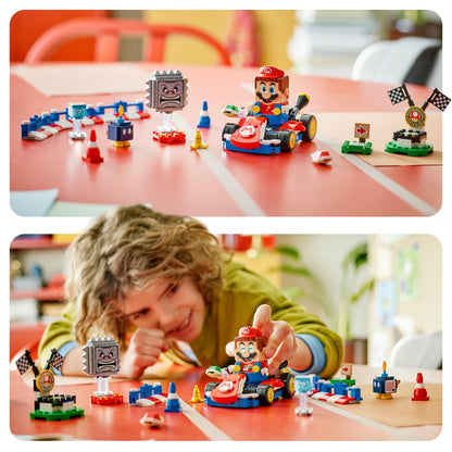 LEGO Mario Kart set with interactive Mario, standard kart, race course, figures, podium, and barriers for kids 7+.