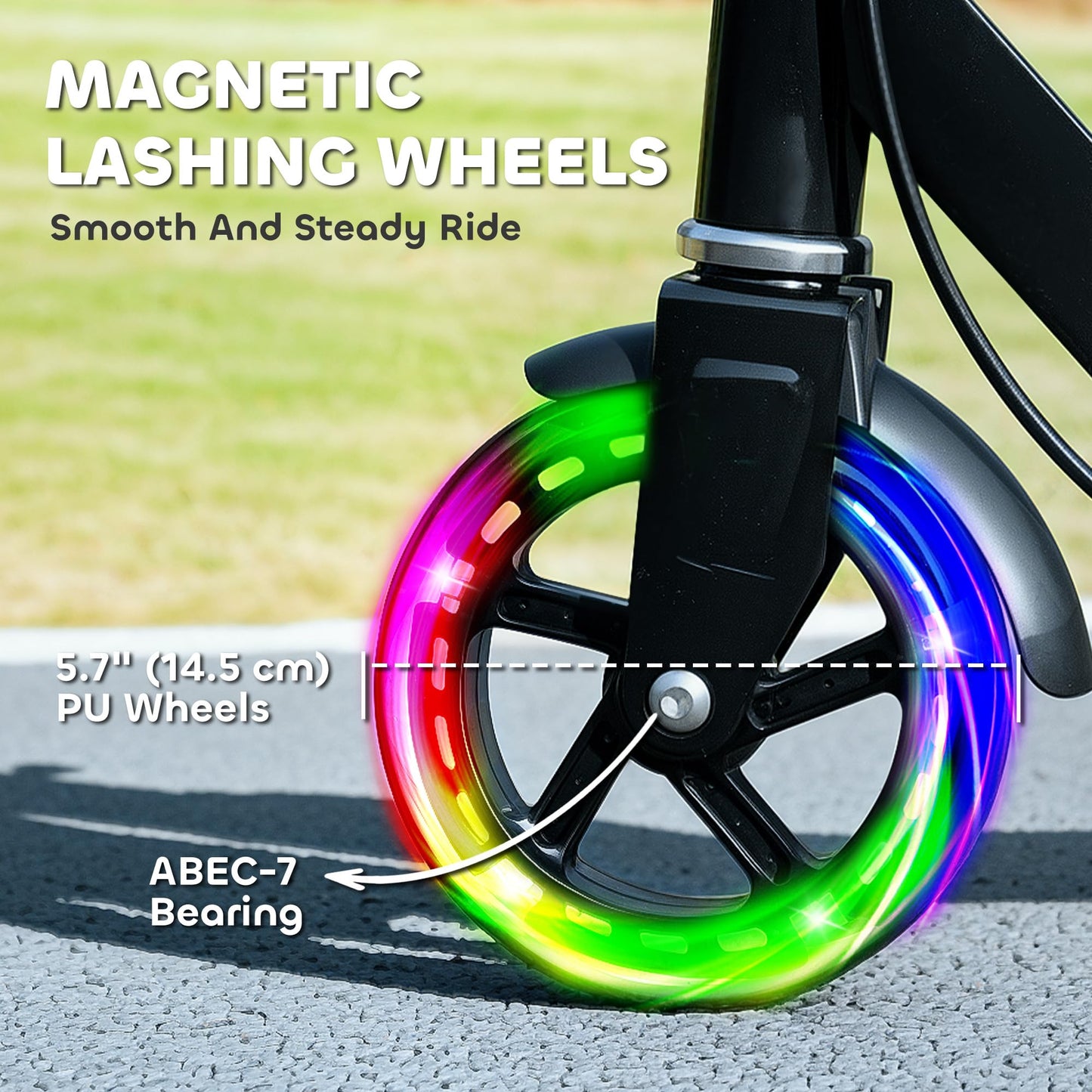 AIYAPLAY folding kick scooter for ages 3-8, featuring adjustable handle, light-up wheels, handbrake, and rear brake in black.