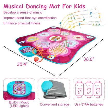JUYOUNGA dance mat toy for girls with LED lights, music modes, challenge levels, and adjustable volume, perfect for ages 3-9.