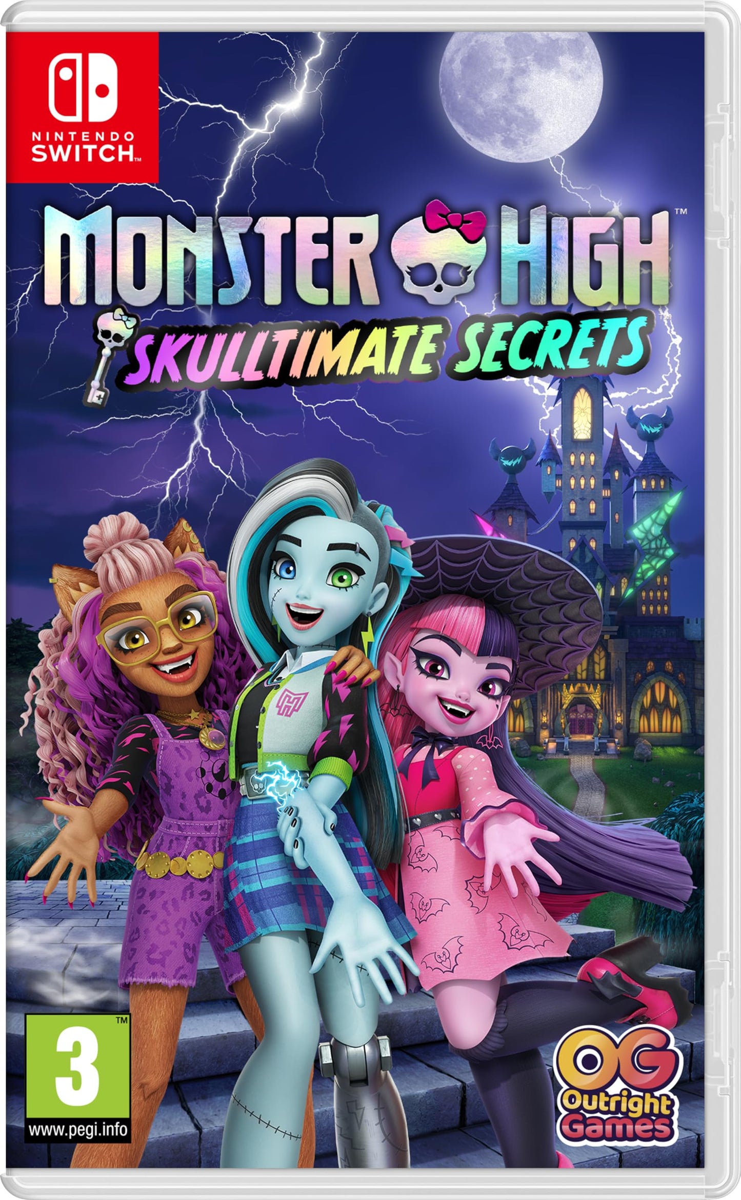 Monster High Skulltimate Secrets Switch game cartridge with colorful character artwork and branding.