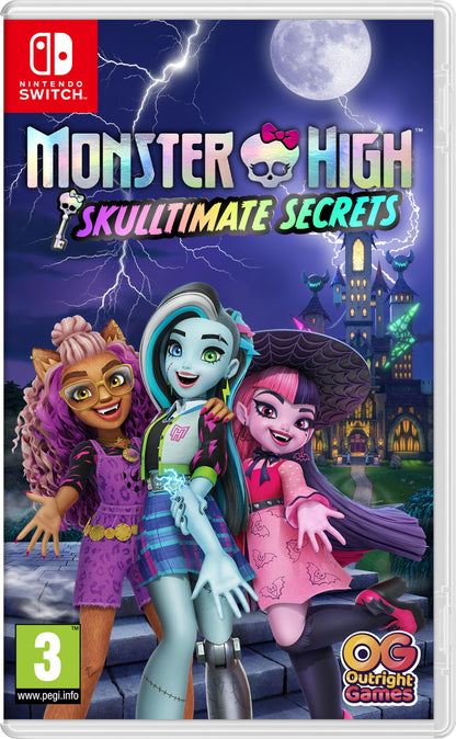 Monster High Skulltimate Secrets Switch game cartridge with colorful character artwork and branding.