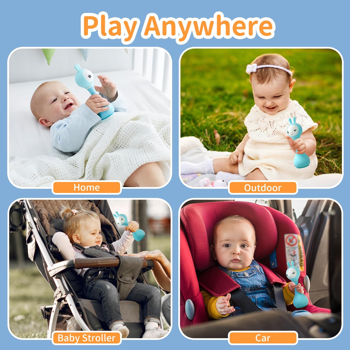 Alilo Smarty Bunny Rattle baby toy with colorful design, multi-sensory features, and multiple modes for infants 0-24 months.