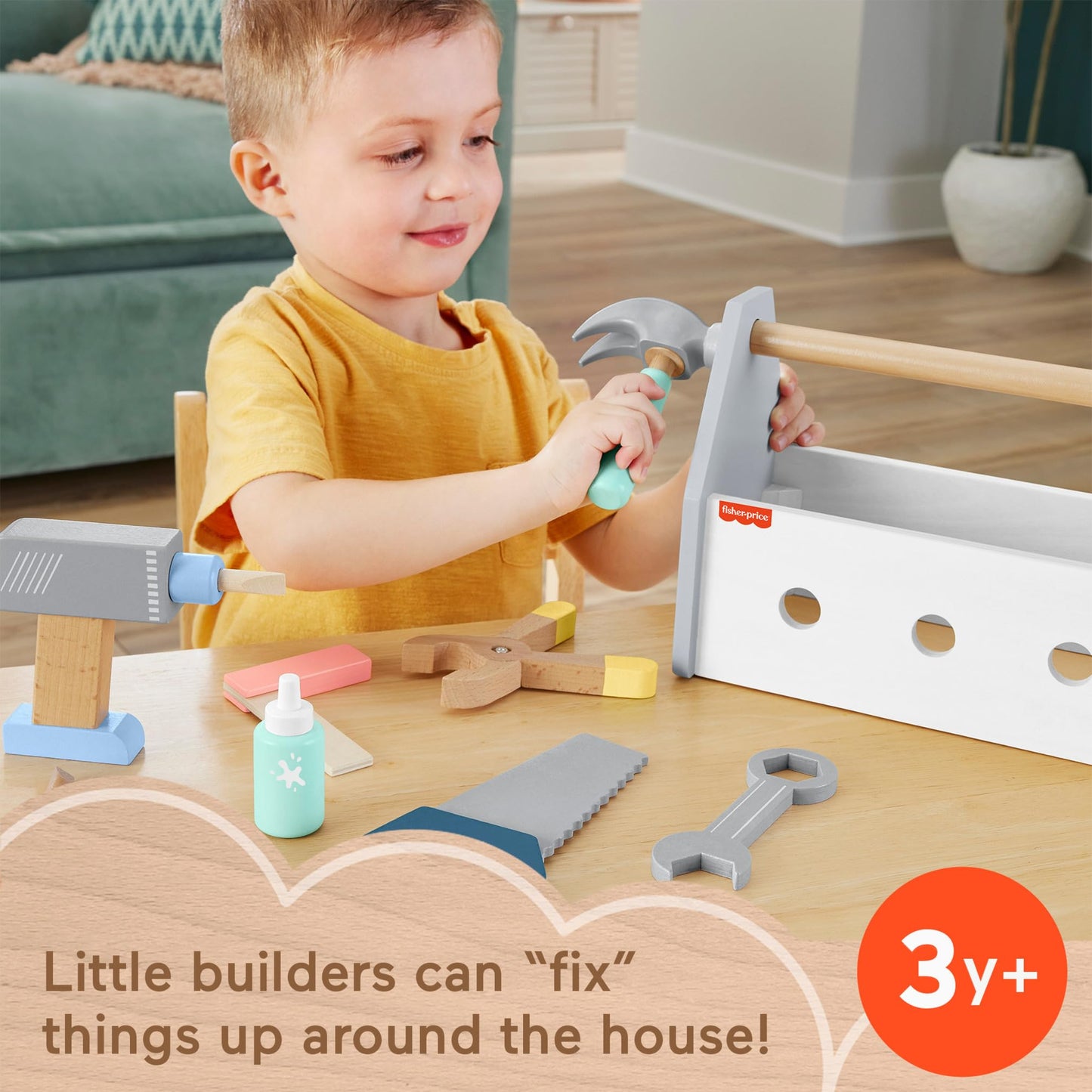 Fisher-Price wooden toy tool box with drill and 9-piece construction set for preschool kids, ages 3+ for pretend play.